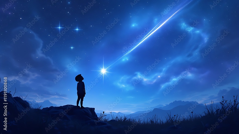 Fototapeta premium A child points to a shooting star passing through the sky.
