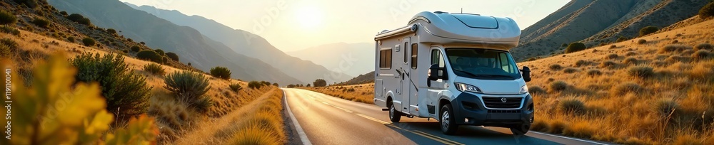 Obraz premium A camper van driving along a scenic road during sunset in a mountainous landscape.