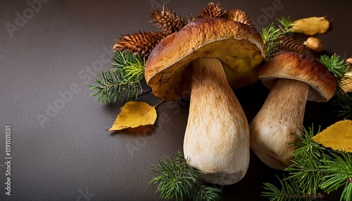 mushrooms on a wooden table. Autumn background with forest mushrooms. Mushroom boletus on dark table. Autumnal compositions photo