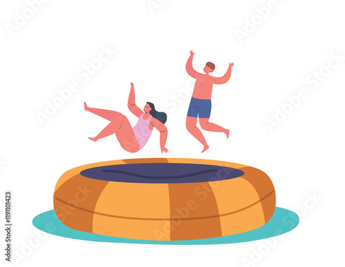 Little Boy And Girl Having Fun Jumping On Trampoline At Summer Vacation Or Weekend. Kids Joy, Childhood