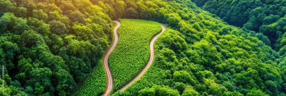 Winding dirt road traversing vibrant green vineyard in late spring under bright blue sky