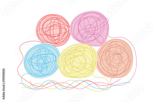 Sketch yarn ball minimal skein of woolen drawing line art. Yarn ball cotton wool hand drawn line concept with white ioslated background. Abstract,vector,illustration.