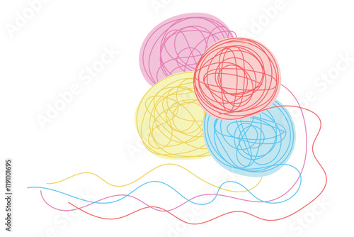 Sketch yarn ball minimal skein of woolen drawing line art. Yarn ball cotton wool hand drawn line concept with white ioslated background. Abstract,vector,illustration.