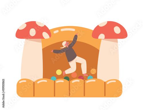 Little Girl Jump On Inflatable Trampoline Isolated On White Background. Child Enjoy Life And Freedom During Holidays