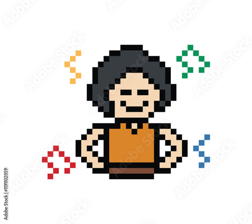 Cute cartoon pixel character cute man exercises training aerobic dance lifestyle music decoration life style 8 bit male boy dance with music game 8bit fitness isolated PNG vector.