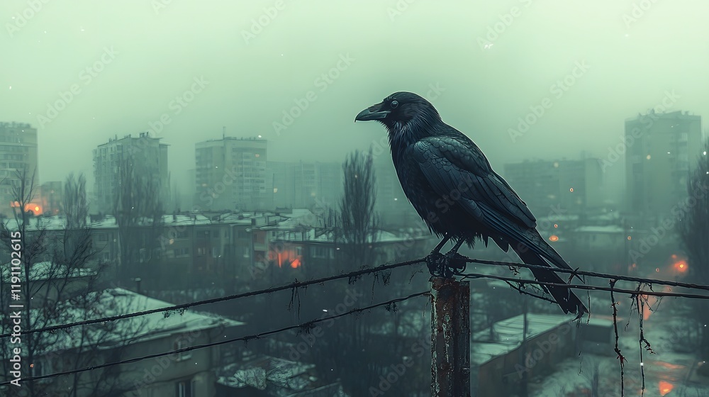 Fototapeta premium Skeletal Crow Perched Above Abandoned City Backdrop Depicting Harsh Conditions and Malnourishment