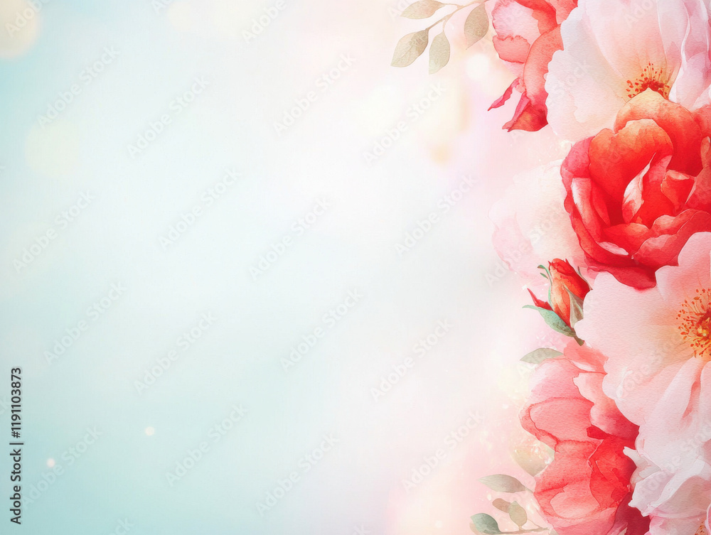 Soft watercolor roses with glowing red and pink hues on pastel background Soft watercolor roses with glowing red and pink hues on pastel background
