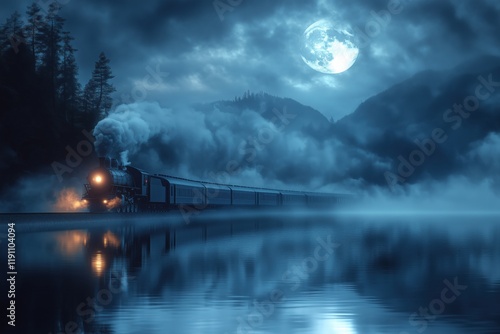 Old steam train traveling near a lake at night with full moon, fog, and clouds reflecting in water, creating a mysterious and evocative atmosphere