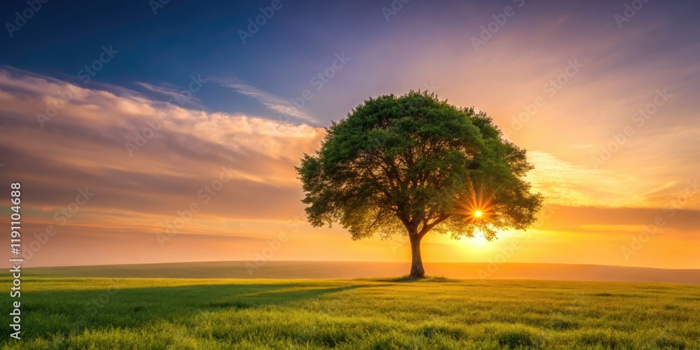 Naklejka premium Tranquil tree, peaceful landscape, serene nature's embrace.