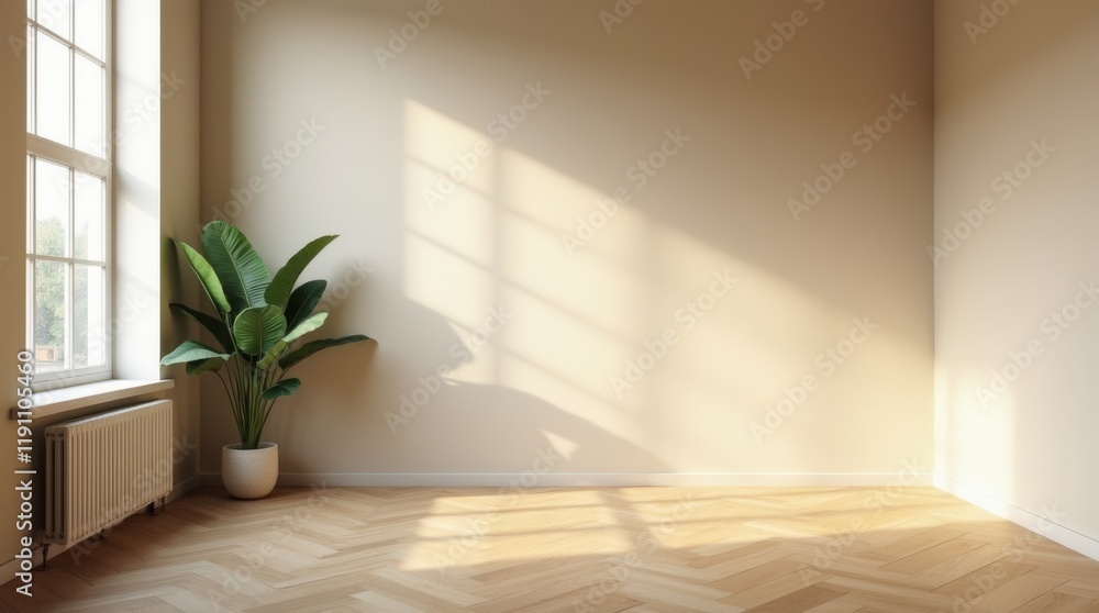Fototapeta premium Empty Modern Loft Space with Beige Wall Texture, Parquet Floor and Large Window