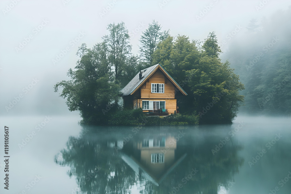 a small house sitting on a small island in the middle of a lake a small house sitting on a small island in the middle of a lake