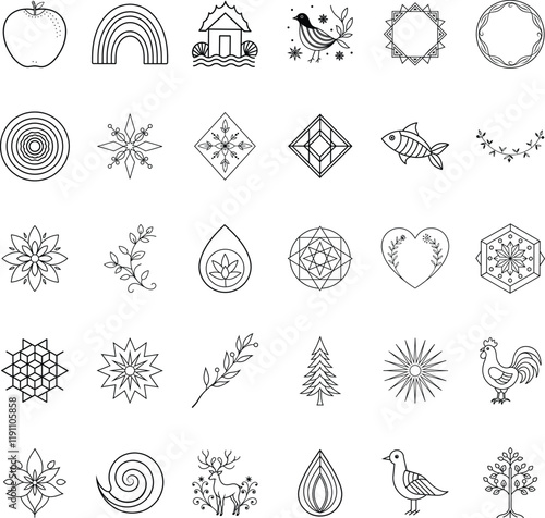 Line Art Icons Nature, Geometric Shapes, and Symbols