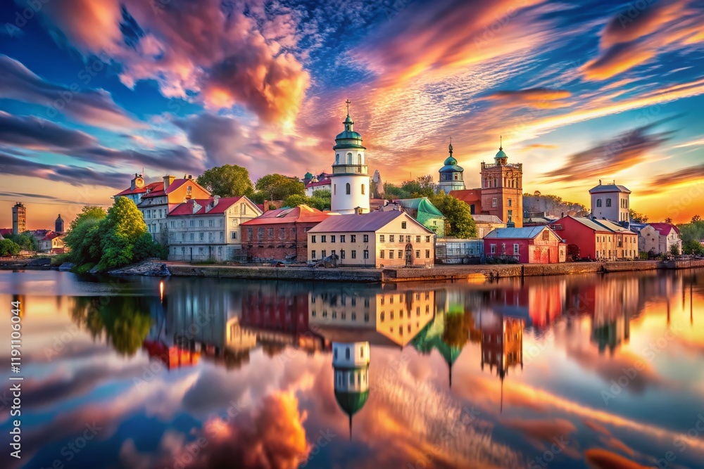 Fototapeta premium Surreal Vyborg Cityscape: Dreamlike Architecture and Baltic Sea Panorama