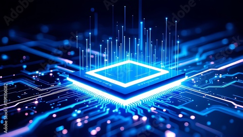 Abstract technology background of a quantum computing system with processor and electronic circuit. Artificial neurons, global data connections - Generative AI