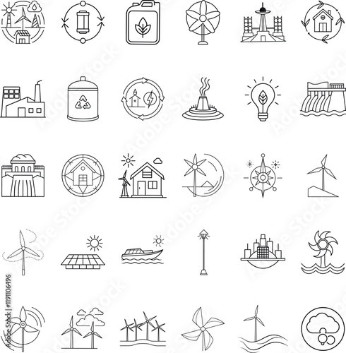 Renewable Energy Icons Wind, Solar, Hydro, Bio, Geothermal