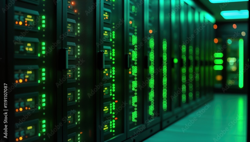 Close-up view of server cabinets with glowing green lights. Dark room with rows of tech equipment. Digital data processing in datacenter. Lots of server racks. High-tech server room. Modern Close-up view of server cabinets with glowing green lights. Dark room with rows of tech equipment. Digital data processing in datacenter. Lots of server racks. High-tech server room. Modern