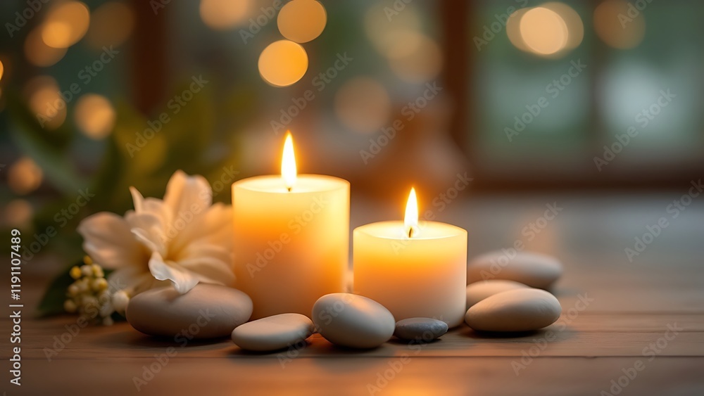 Zen stones, candles and white flower on beige background witn copy space, wellness and harmony, massage and bodycare, spa and wellness concept Zen stones, candles and white flower on beige background witn copy space, wellness and harmony, massage and bodycare, spa and wellness concept