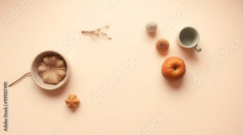 A high-angle perspective depicting simple objects on a plain background viewed from above in soft pastel colors conveying a gentle and soothing atmosphere photo