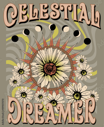 estampa de flores y fases de la luna psicodelico con celestial