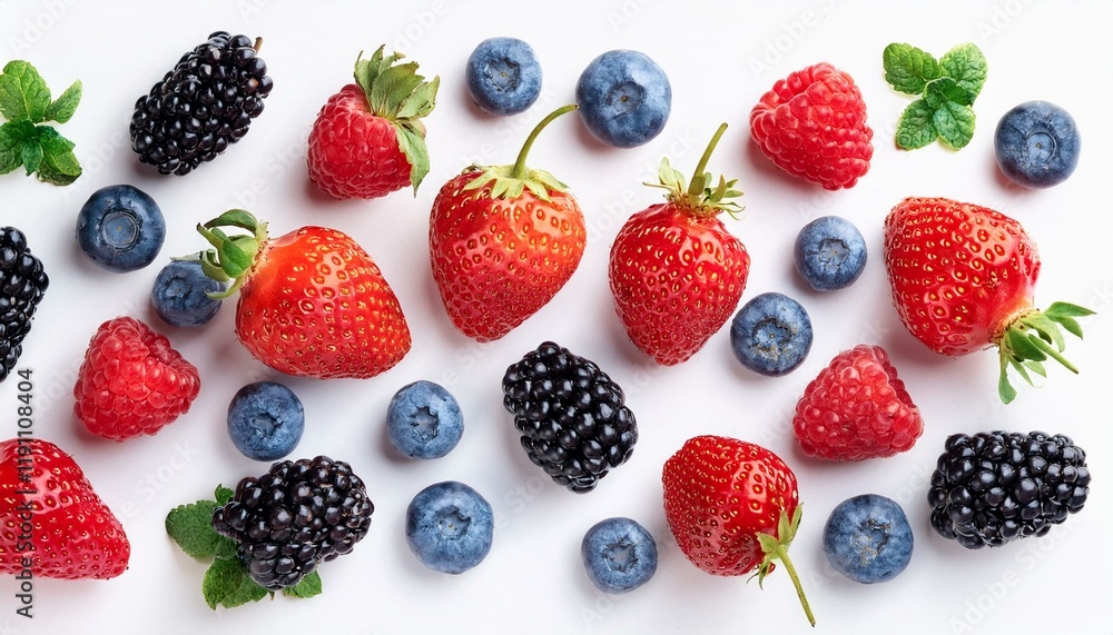 strawberries and blueberries. Strawberry, blueberry, blackberry, raspberry on white background, top view. Berries pattern, strawberries and blueberries. Strawberry, blueberry, blackberry, raspberry on white background, top view. Berries pattern,
