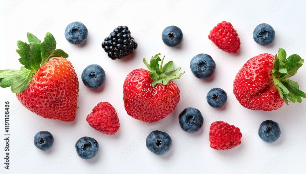 strawberries and blueberries. Strawberry, blueberry, blackberry, raspberry on white background, top view. Berries pattern, strawberries and blueberries. Strawberry, blueberry, blackberry, raspberry on white background, top view. Berries pattern,