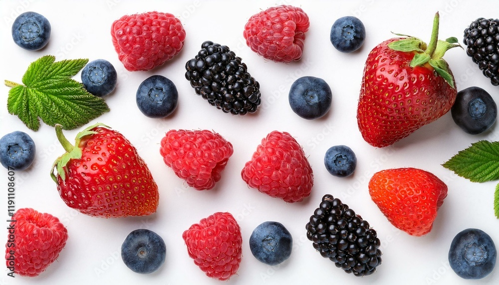 strawberries and blueberries. Strawberry, blueberry, blackberry, raspberry on white background, top view. Berries pattern,