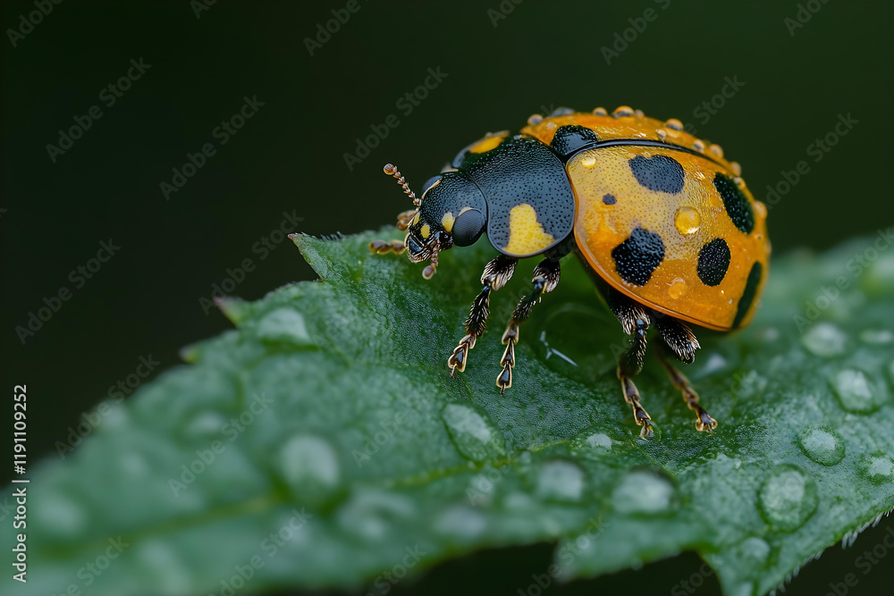 a lady bug sitting on a leaf with water droplets a lady bug sitting on a leaf with water droplets