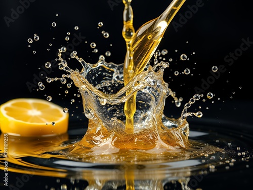 an image of a splash of liquid with a slice of orange. photo