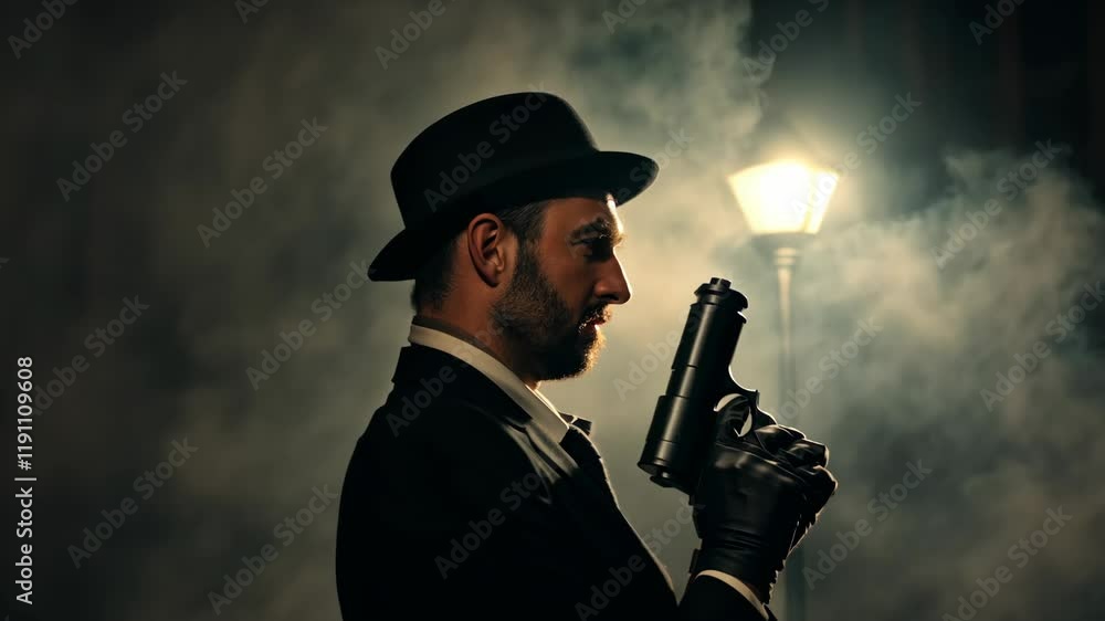 Side profile of secret service agent man in vintage attire and fedora holding gun against dramatic backlit sky filled with fog. Cinematic composition with moody atmosphere, film noir aesthetic.
Side profile of secret service agent man in vintage attire and fedora holding gun against dramatic backlit sky filled with fog. Cinematic composition with moody atmosphere, film noir aesthetic.