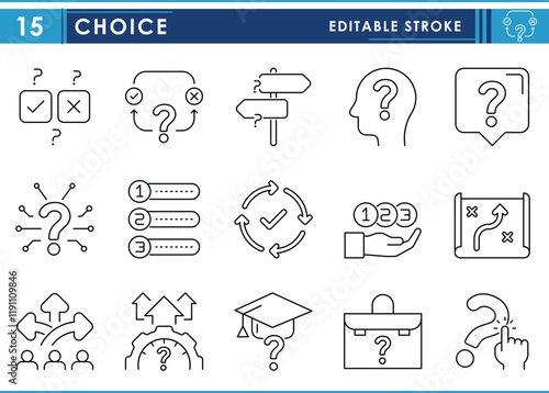 A set of line icons related to Choice. True, good, bad, direction, job, education, personal growth, decision, question, planning, and so on. Vector editable stroke.