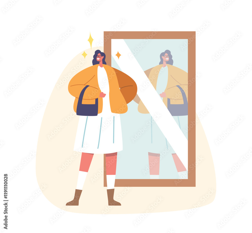Φωτογραφία Attractive Young Woman In Casual Clothing Look In Big Mirror Imagine Herself Que
