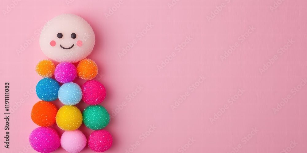 Obraz premium A cheerful character made of colorful pom-poms on a pink background, evoking a playful and vibrant atmosphere.