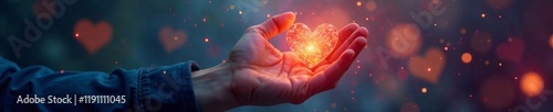 A vibrant hand holding a glowing heart, symbolizing love and emotional warmth.