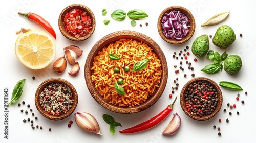 Wallpaper Mural Flat lay jollof rice and spices isolated on white background food culinary art top-down view Torontodigital.ca