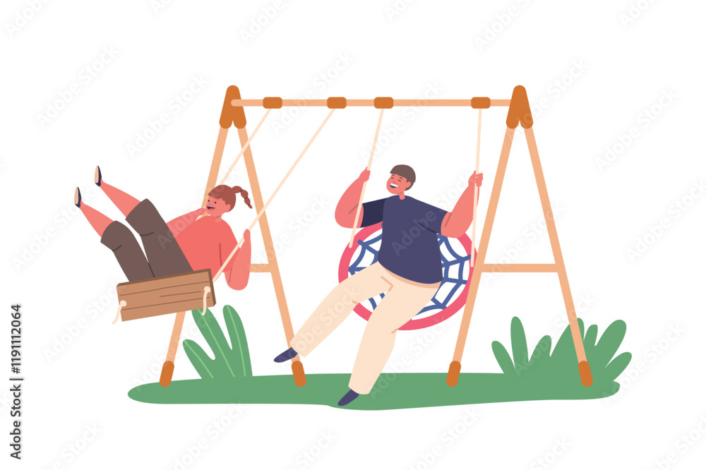 Φωτογραφία Children Boy And Girl Characters Joyfully Swinging On Swings, Laughing, And Expe