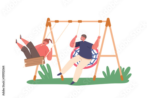 Children Boy And Girl Characters Joyfully Swinging On Swings, Laughing, And Experiencing Exhilarating Feeling Of Freedom