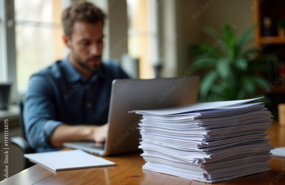 Man works on laptop at wooden table. Papers stacked neatly beside laptop. Indoor setting. Workplace scene. Busy work day concept. Man focuses on work. Modern office setup. Pro atmosphere. Individual Man works on laptop at wooden table. Papers stacked neatly beside laptop. Indoor setting. Workplace scene. Busy work day concept. Man focuses on work. Modern office setup. Pro atmosphere. Individual