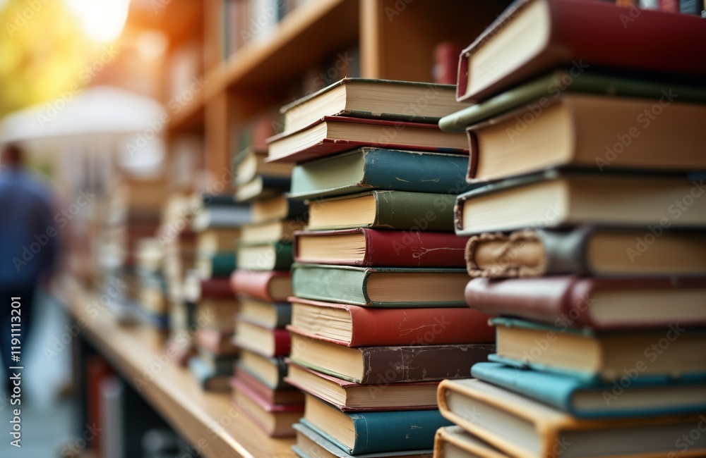 Lots of used books stacked high on shelves in bookstore flea market. Old books visible in various colors, patterns. People browse through books. Scene evokes sense of exploration, history, Lots of used books stacked high on shelves in bookstore flea market. Old books visible in various colors, patterns. People browse through books. Scene evokes sense of exploration, history,