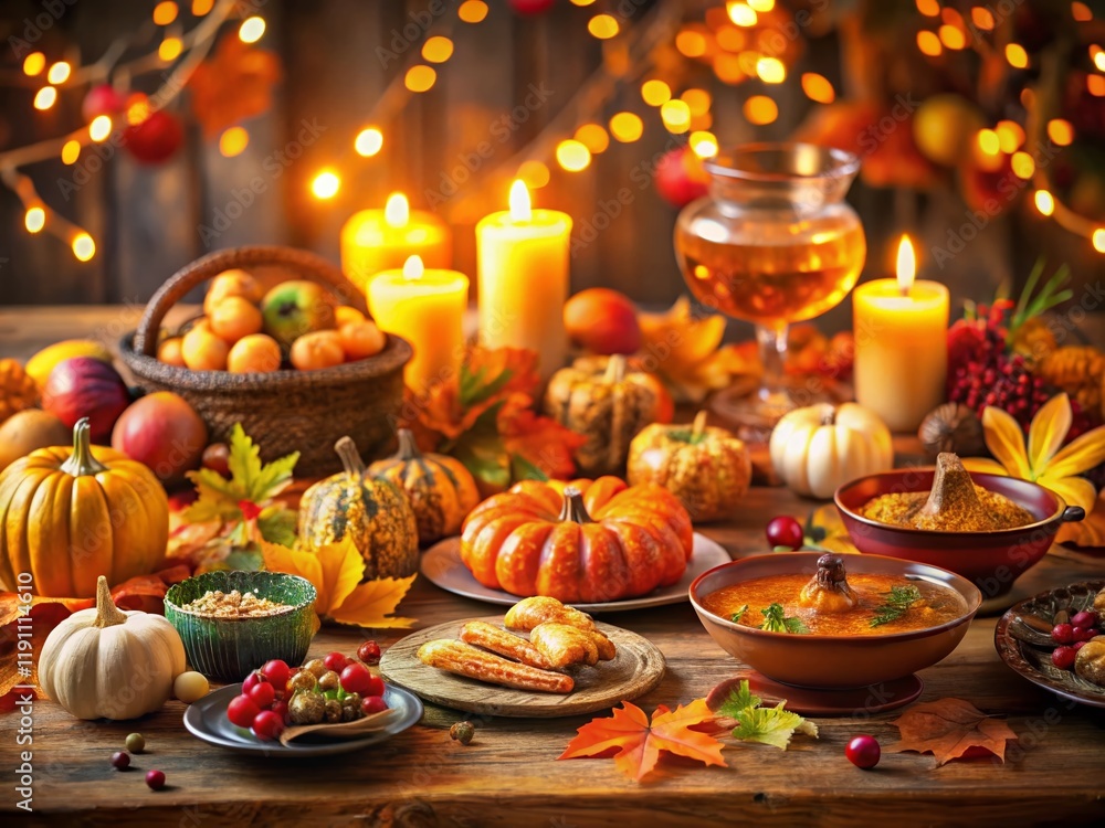 Naklejka premium Tilt-Shift Thanksgiving: Autumn Harvest Table with Copy Space for Festive Message