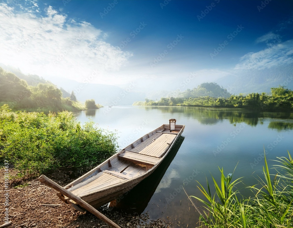 Obraz premium Generated image Natural Background Boat Mount and River Background