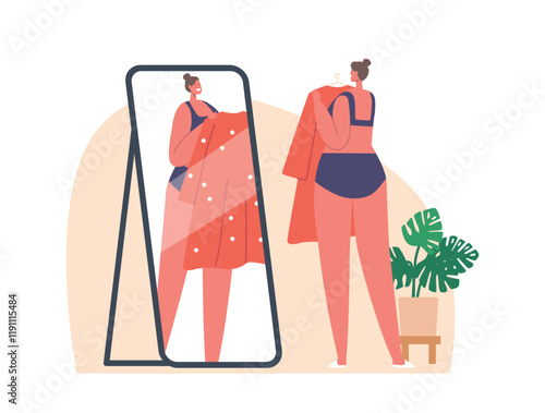 Young Female Character Trying On Clothes In Dressing Room At Store Or Home. Woman In Linen With Dress In Hands