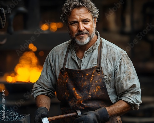 Hardworking Blacksmith Wielding Hammer Beside Glowing Forge in Rustic Workshop photo