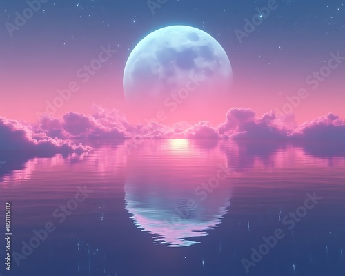 Pink sunset, full moon reflecting on calm water, dreamy clouds. photo