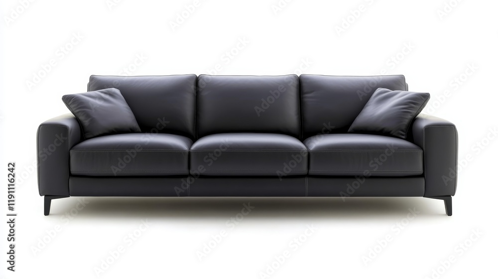 A modern, dark leather sofa with plush cushions, designed for comfort and style. A modern, dark leather sofa with plush cushions, designed for comfort and style.