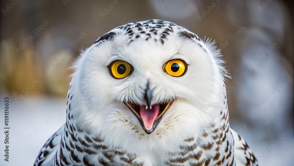 Snowy Owl with Open Mouth: A close-up portrait of a snowy owl, its piercing yellow eyes and open beak revealing a hint of playful mischief. Snowy Owl with Open Mouth: A close-up portrait of a snowy owl, its piercing yellow eyes and open beak revealing a hint of playful mischief.