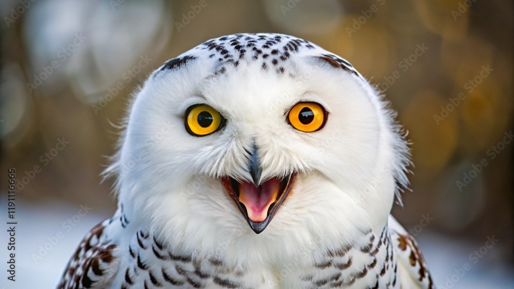 Obraz premium Snowy Owl Portrait: Close-up of a snowy owl with bright yellow eyes and open beak, showcasing its striking plumage of white feathers speckled with dark markings. The owl appears alert and engaging.