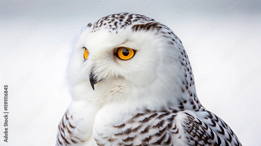Obraz premium Snowy Owl Portrait: A majestic snowy owl, with its striking white plumage, piercing yellow eyes, and intricate black markings, stares intently at the viewer in a close-up portrait.