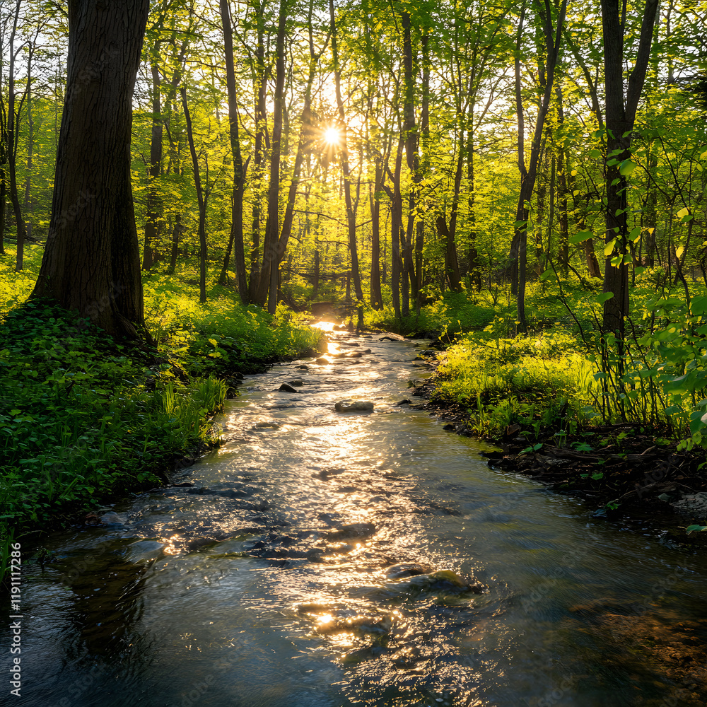 Fototapeta premium Sunlit stream flowing through a lush green forest. Golden sunlight filters through the trees, illuminating the water and surrounding vegetation.