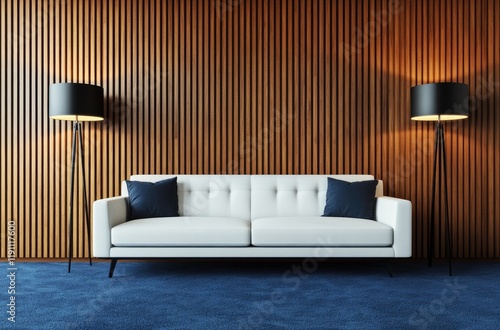 A living room with a white sofa  blue carpet  and wooden slats on the wall  featuring floor lamps and black metal standing lights.