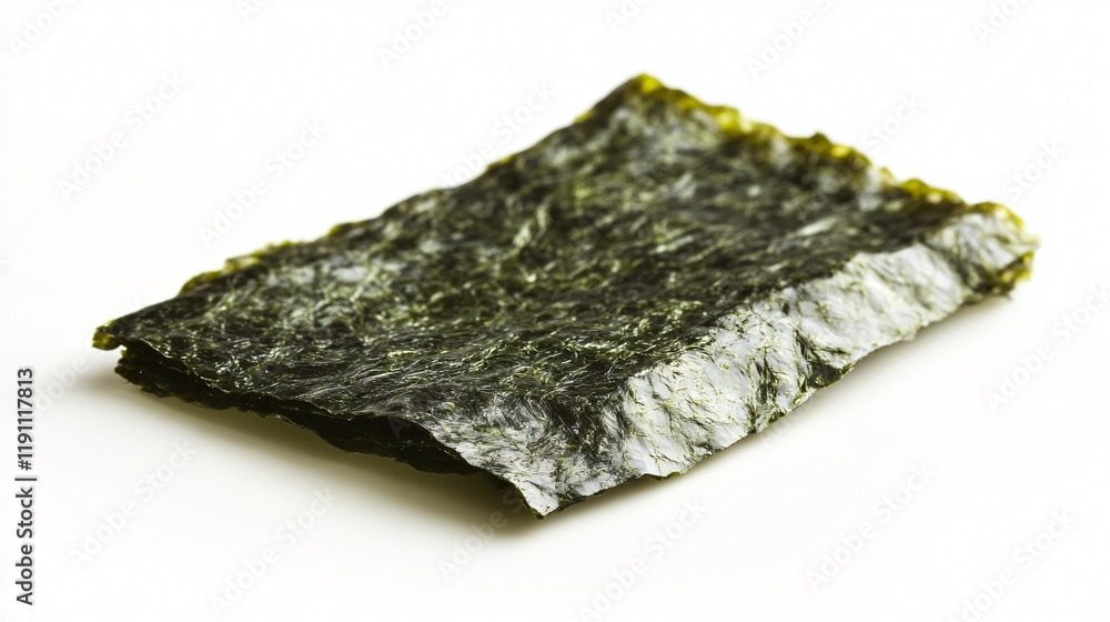 A single sheet of nori seaweed, isolated on a clean white background with soft shadows A single sheet of nori seaweed, isolated on a clean white background with soft shadows